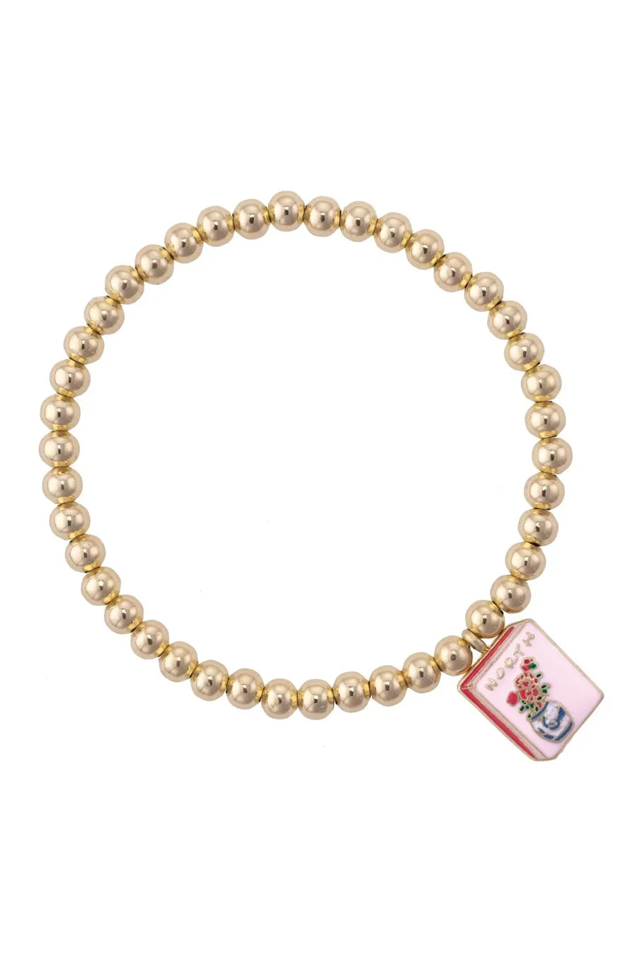 Mahjong Tile Ball Bead Stretch Bracelet in Shiny Gold - 850 Mahjong