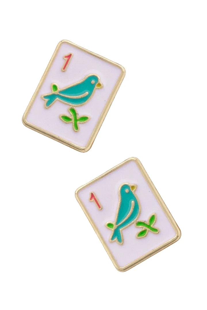 Sparrow Mahjong Tile Stud Earrings in White - 850 Mahjong