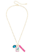 Bird Bam Charm Necklace in Aqua, Light Pink, & Shiny Gold - 850 Mahjong