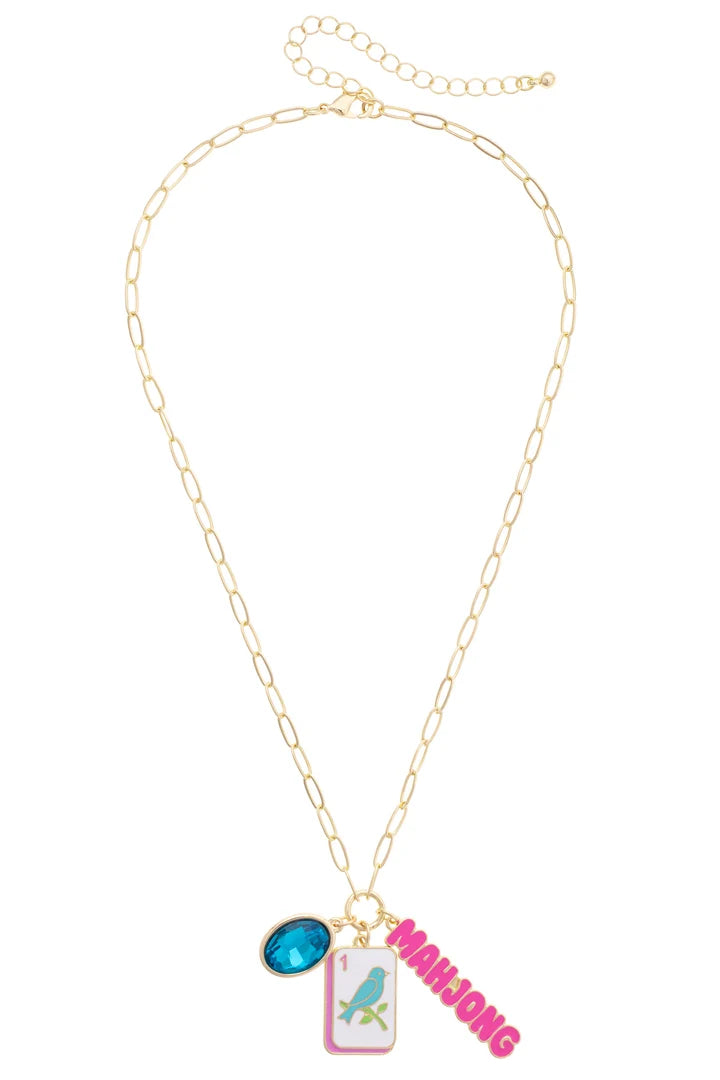 Bird Bam Charm Necklace in Aqua, Light Pink, & Shiny Gold - 850 Mahjong