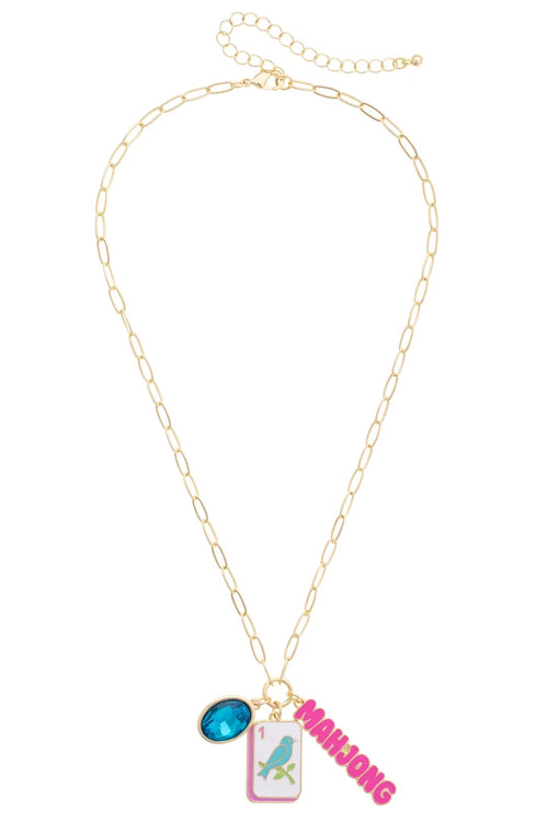 Bird Bam Charm Necklace in Aqua, Light Pink, & Shiny Gold - 850 Mahjong