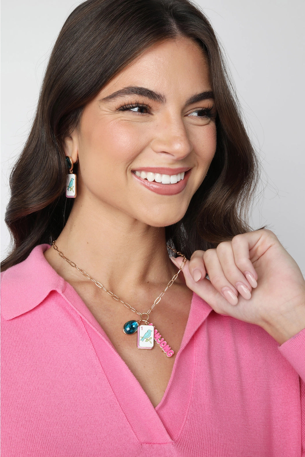 Bird Bam Charm Necklace in Aqua, Light Pink, & Shiny Gold - 850 Mahjong