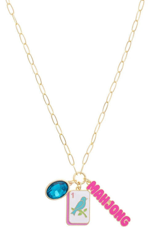 Bird Bam Charm Necklace in Aqua, Light Pink, & Shiny Gold - 850 Mahjong