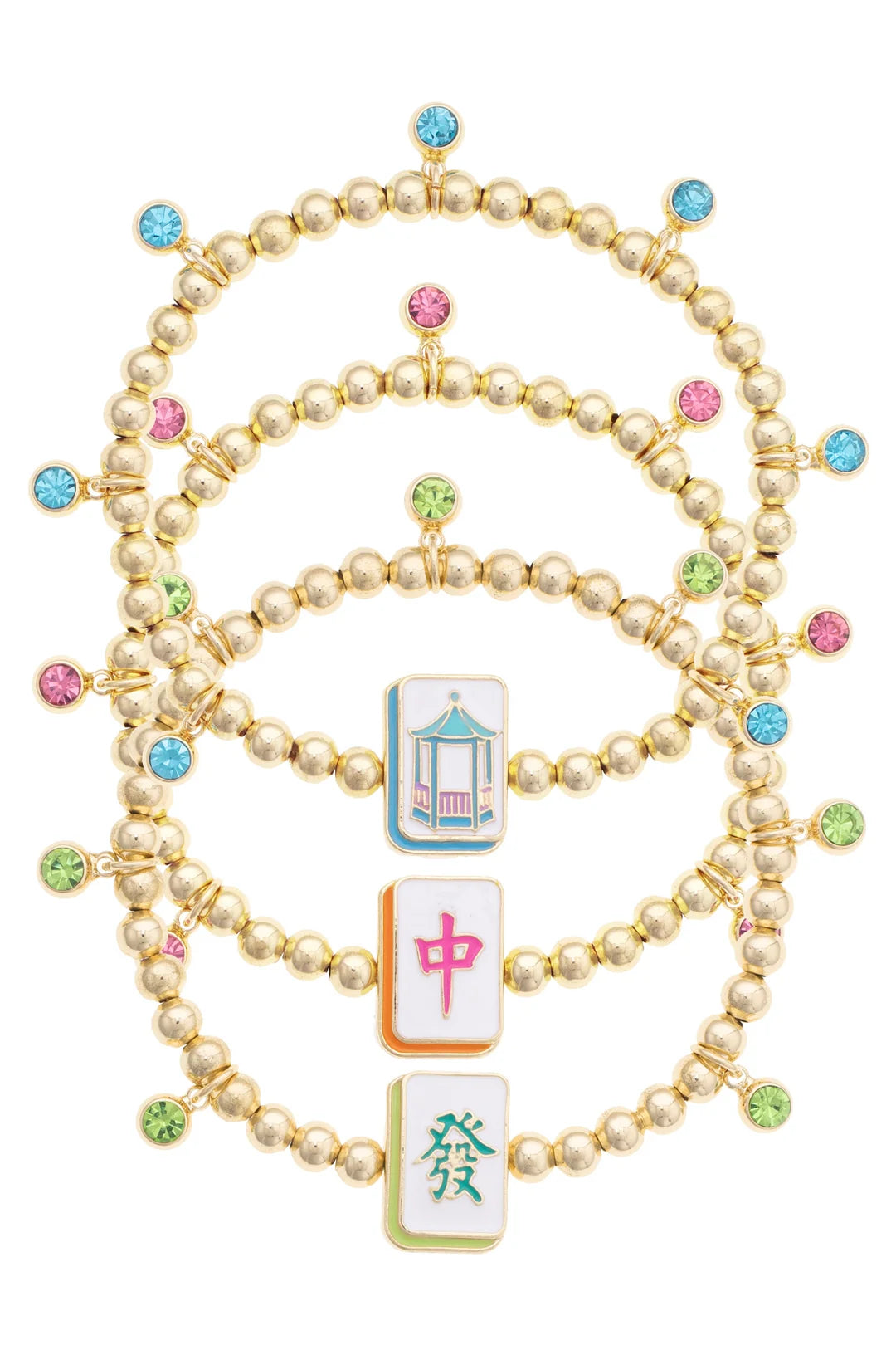 Mahjong Lucky Charms Ball Bead Bracelet Set of 3